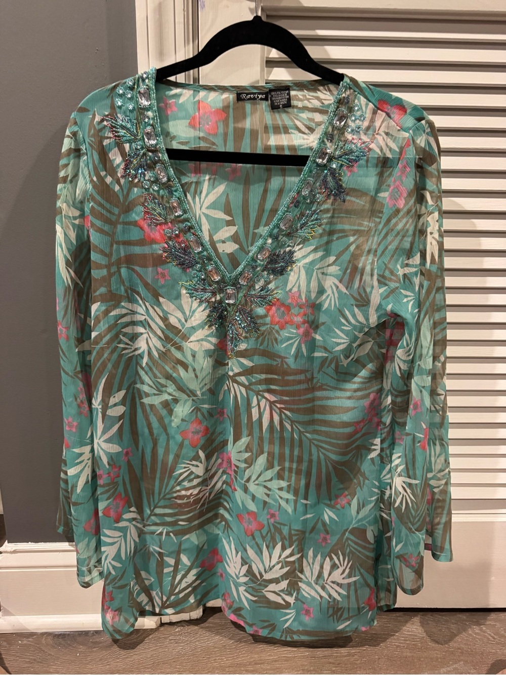 Raviya Aqua Sheer Beaded V-Neck Tropical Tunic